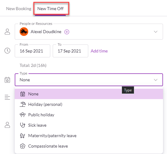 Time off booking