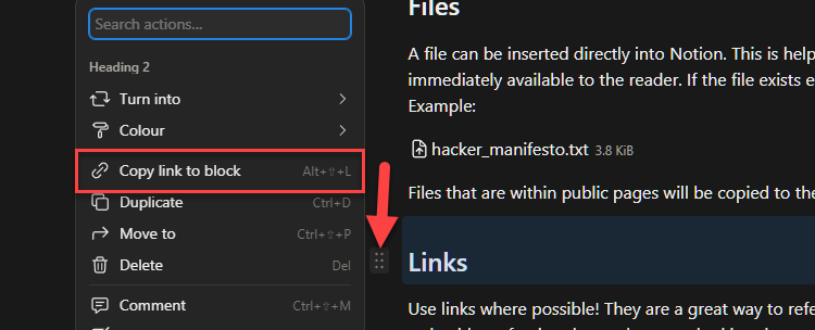 Copying a link to a block in Notion